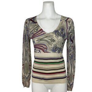 Etro Silk Sweater Italy 44 US 8 Paisley Striped V-Neck Long Sleeve Knit DEFECT